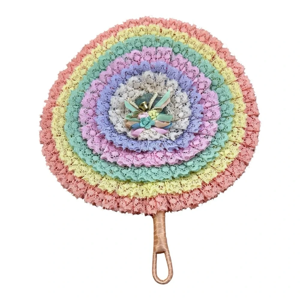 Pastel Rainbow Lace Ruffle Hand Fan Woven Straw Floral Decorative Cottagecore